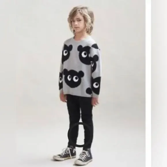 Huxbaby Jumper Grey Marle Black Panda Print Crewneck Knot Sweater Boy’s Size 5 - Picture 9 of 9